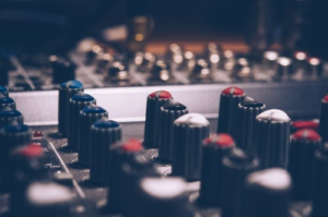  Close-up of buttons on an audio mixer