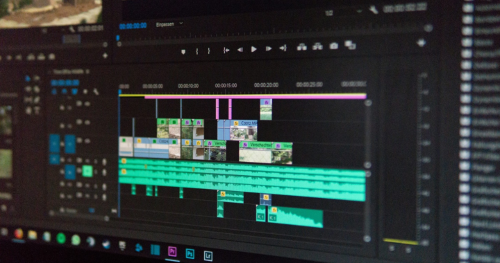 A computer screen displaying advanced video editing software with a timeline and various editing tools.