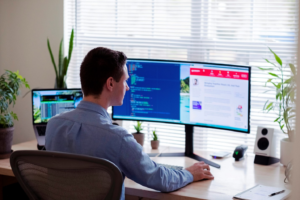 a man working on multiple PCs simultaneously 