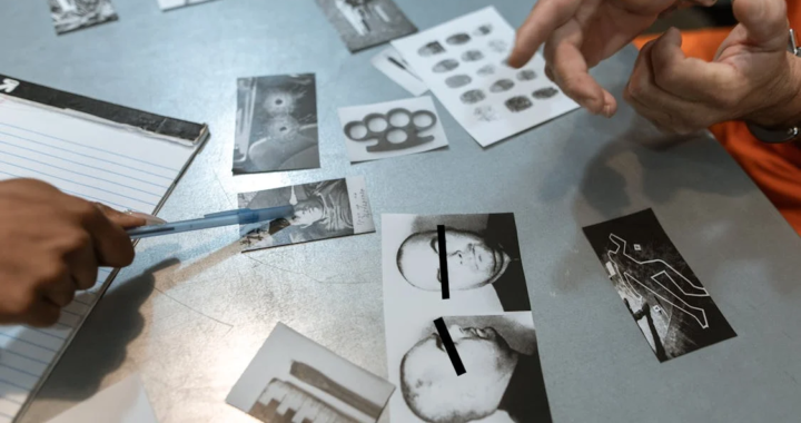 An image of a person pointing to a photo