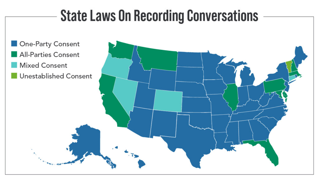 America’s map showing states’ laws for recording conversations