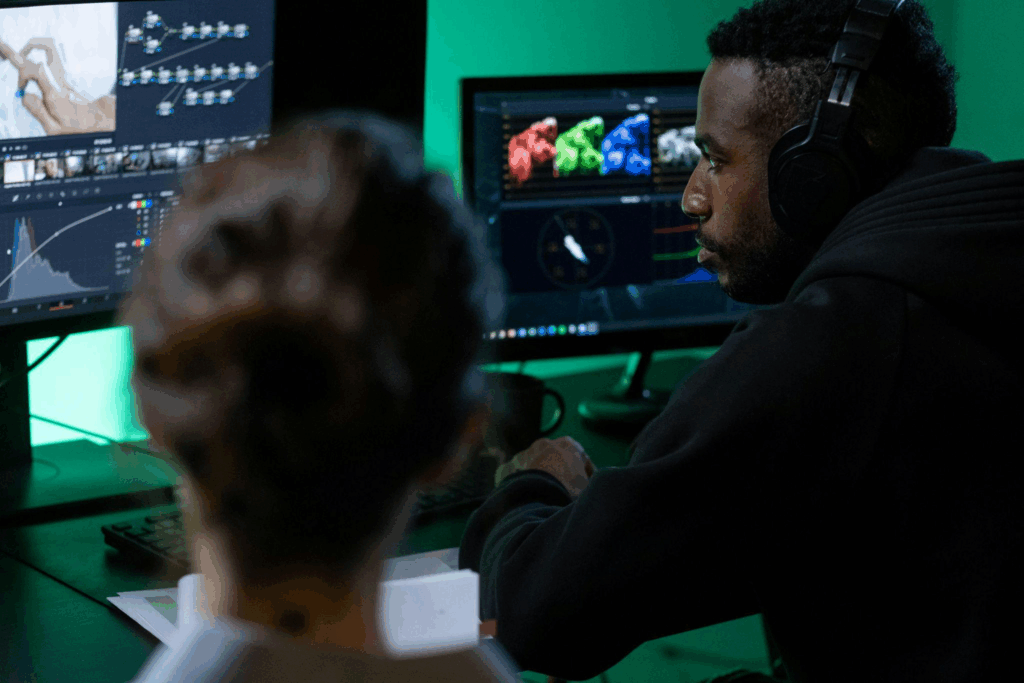 a man watching footage on a computer screen