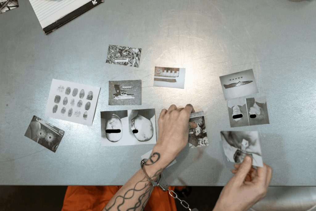 snapshots of court evidence placed on a table