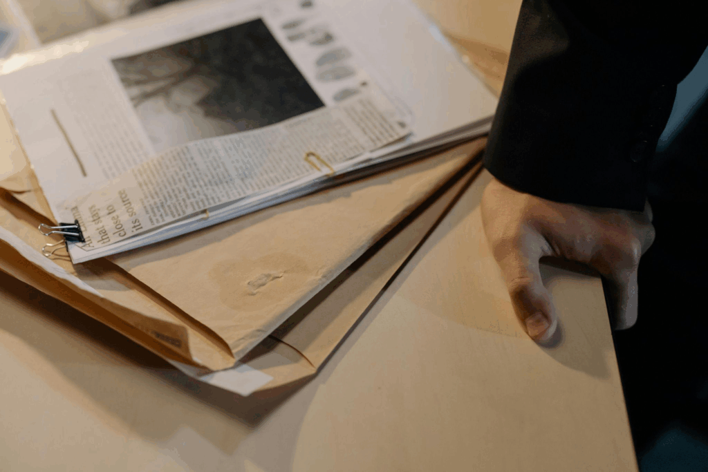 documents of evidence placed on a table
