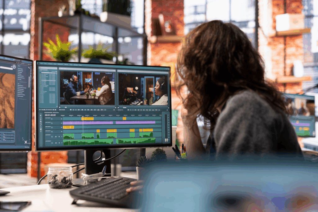  a woman examining a video on a computer screen