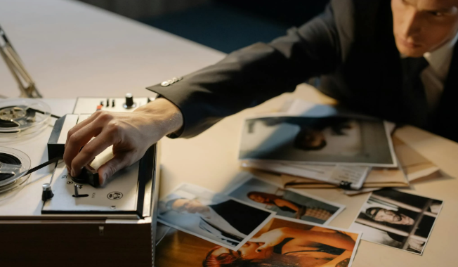 This image shows a specialist adjusting audio equipment while reviewing photographs and case materials.