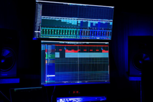 Multi-track editing screens used to line up footage from several sources